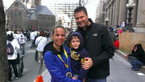 Laura, her husband, Andy, and oldest son, Liam, after the Boston 2013 Marathon